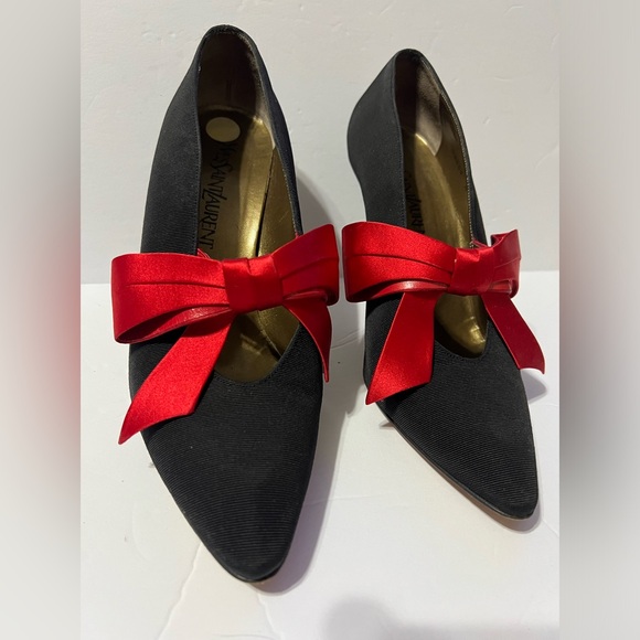38 Yves Saint Laurent YSL Black Fabric /Leather Red Bow Pumps 8 •Vintage - Picture 4 of 15